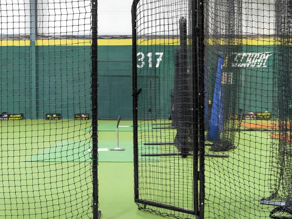 View through a black net into an indoor batting cage with green turf, a green wall, and a batting tee.