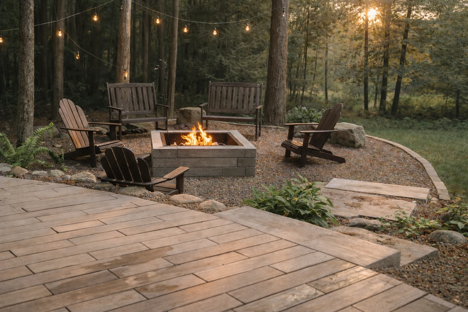 Outdoor hardscape seating area around a lit firepit. Outdoor hardscape seating area around a lit firepit.