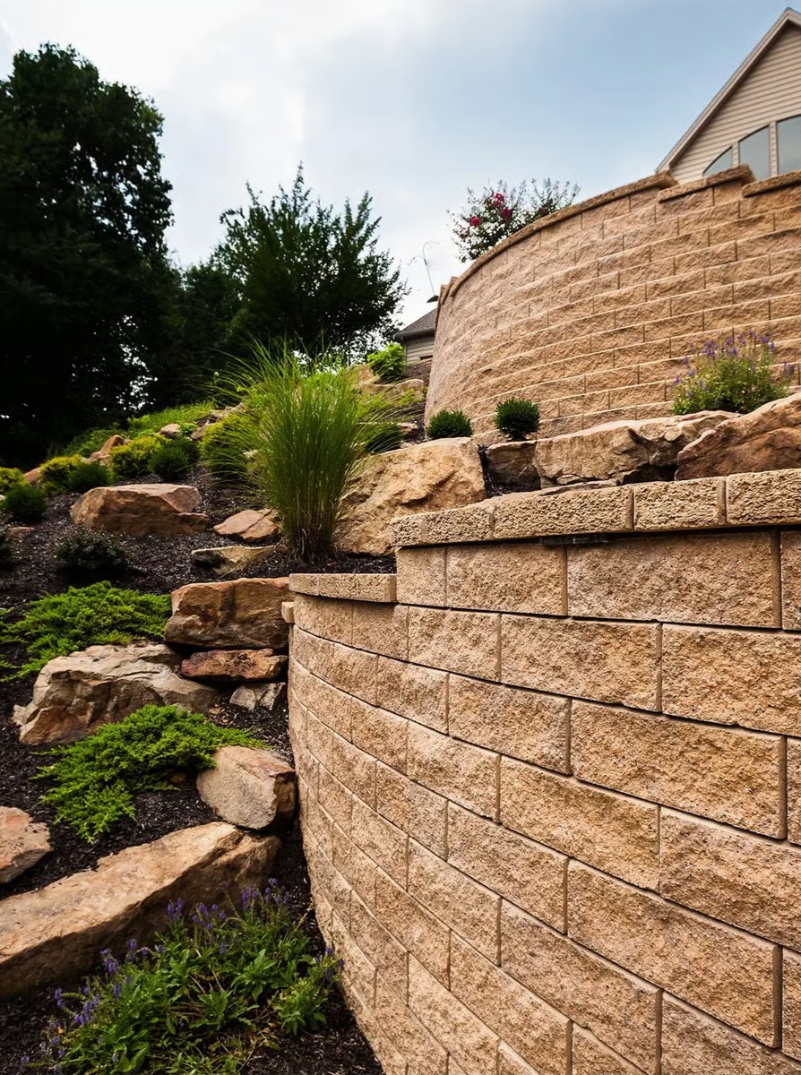 Decorative retaining wall made with Techo-Bloc stone that is holding up a high-grade hillside. Decorative retaining wall made with Techo-Bloc stone that is holding up a high-grade hillside.