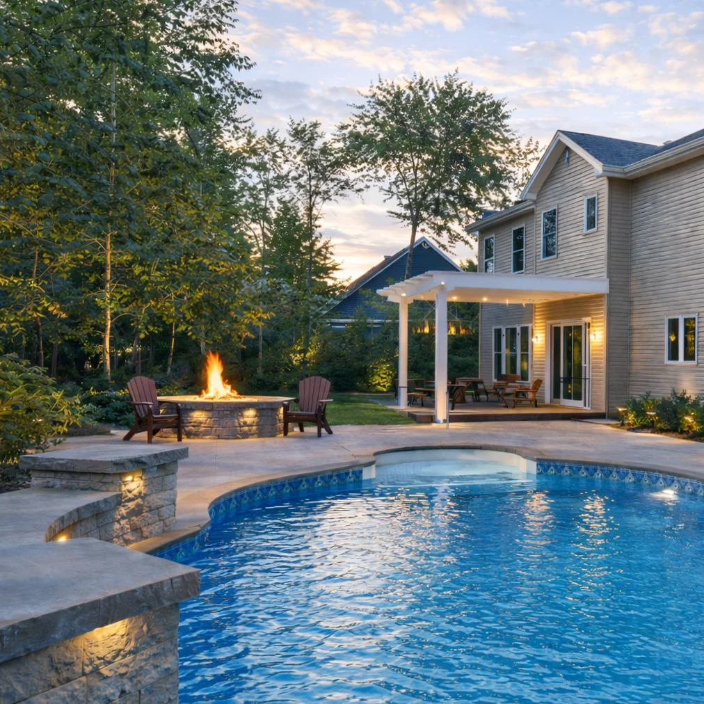 A completed hardscape including retaining wall, patio, and pool at dusk A completed hardscape including retaining wall, patio, and pool at dusk
