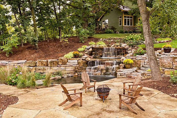 Layered hardscape with patio, water feature, and walkway from Bollman Landscape