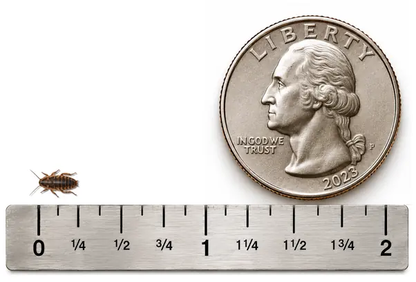 XX Small 1/4 inch Dubia roach shown with ruler and U.S. quarter for size reference