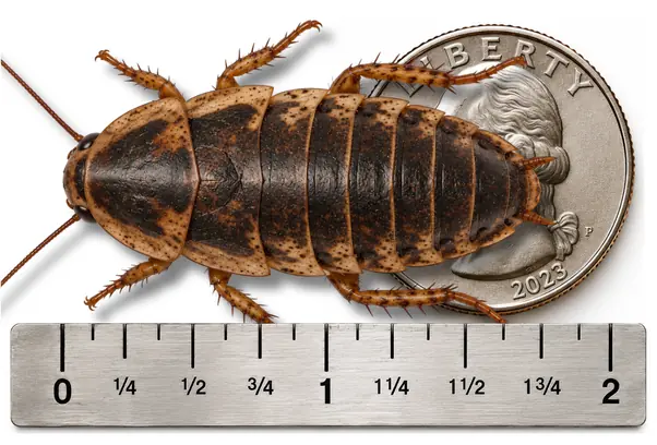Adult / XXX Large 1 3/4 inch plus Dubia roach shown with ruler and U.S. quarter for size reference
