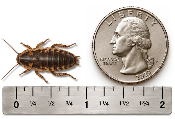 L Medium 7/8 inch Dubia roach shown with ruler and U.S. quarter for size reference