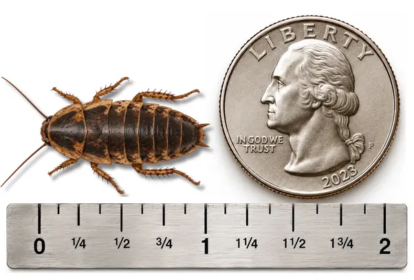 Large 1 inch Dubia roach shown with ruler and U.S. quarter for size reference