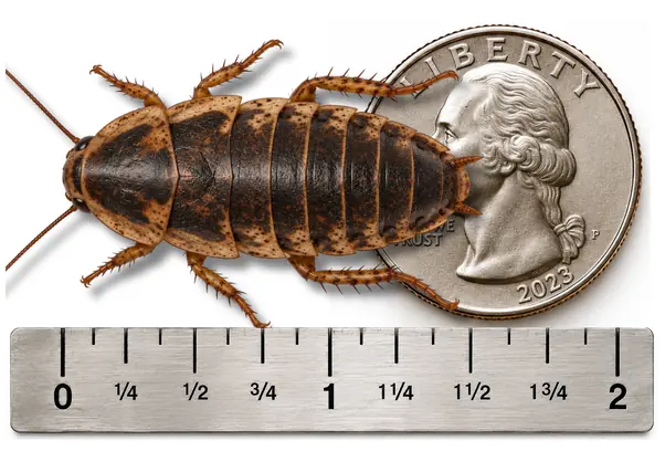 Jumbo / XX Large 1 1/2 inch Dubia roach shown with ruler and U.S. quarter for size reference