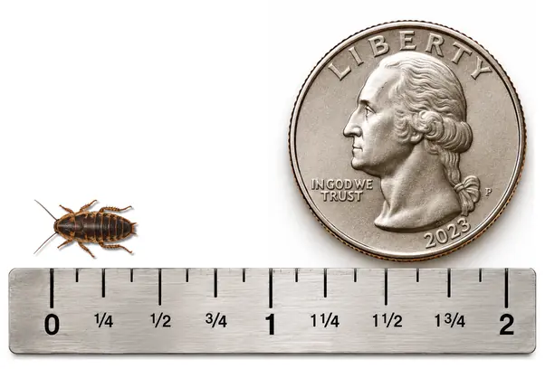 X Small 3/8 inch Dubia roach shown with ruler and U.S. quarter for size reference