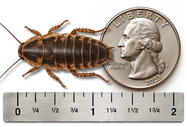 X Large 1 1/4 inch Dubia roach shown with ruler and U.S. quarter for size reference