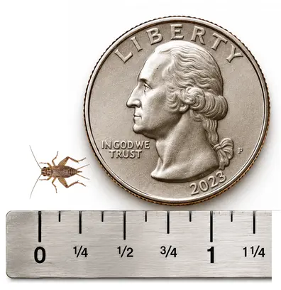 X Small 1/4 inch live cricket shown with ruler and U.S. quarter for size reference