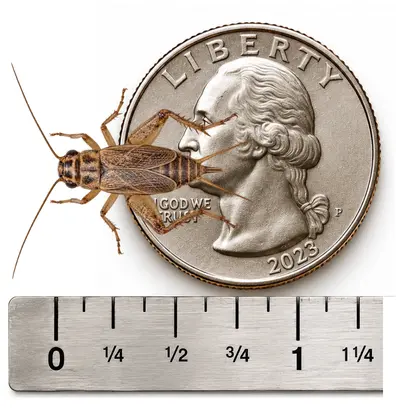 M Large 5/8 inch live cricket shown with ruler and U.S. quarter for size reference