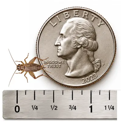 Small 3/8 inch live cricket shown with ruler and U.S. quarter for size reference