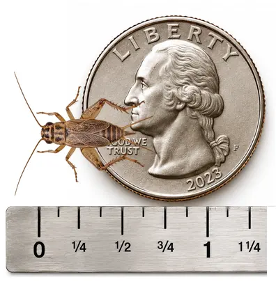 Medium 1/2 inch live cricket shown with ruler and U.S. quarter for size reference