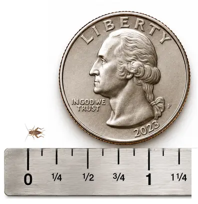 XX Small 1/8 inch live cricket shown with ruler and U.S. quarter for size reference
