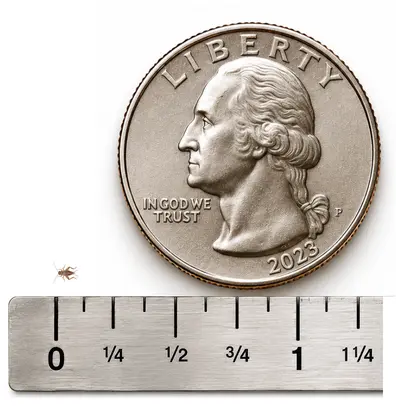 Pinhead approximately 1/16 inch live cricket shown with ruler and U.S. quarter for size reference