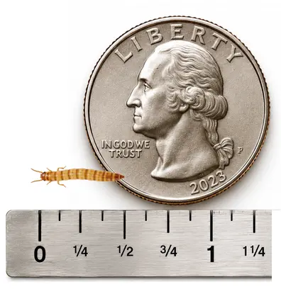 Small 3/8 to 5/8 inch live mealworm shown with ruler and U.S. quarter for size reference