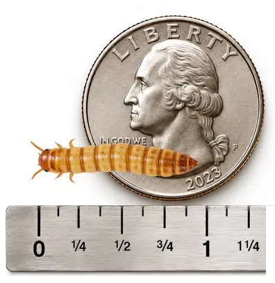Large 3/4 to 1 inch live mealworm shown with ruler and U.S. quarter for size reference