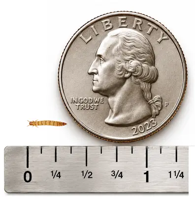 Mini 1/4 to 3/8 inch live mealworm shown with ruler and U.S. quarter for size reference