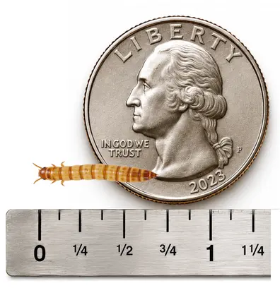 Medium 5/8 to 3/4 inch live mealworm shown with ruler and U.S. quarter for size reference