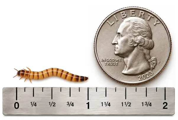 Medium approximately 1 inch live superworm shown with ruler and U.S. quarter for size reference