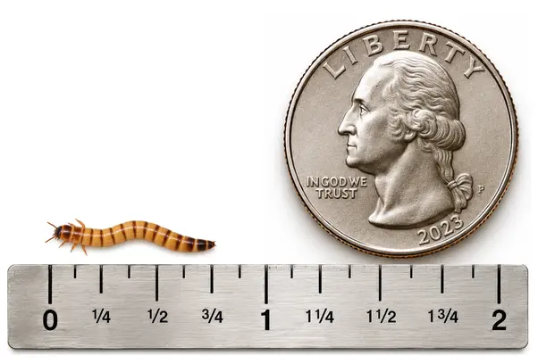 Small approximately 3/4 inch live superworm shown with ruler and U.S. quarter for size reference