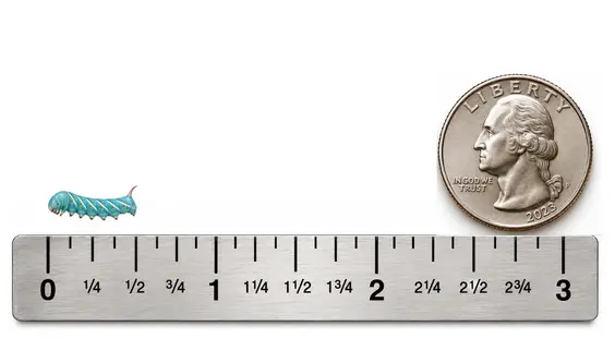 Small 1/2 to 1 inch live hornworm shown with ruler and U.S. quarter for size reference