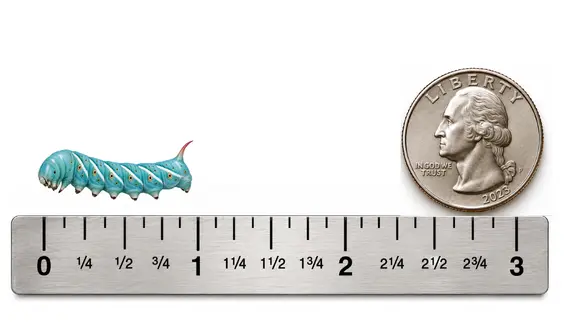 Medium 1 to 1.5 inch live hornworm shown with ruler and U.S. quarter for size reference
