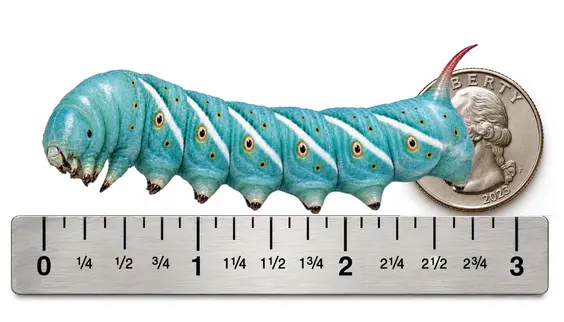 Jumbo 2.5 to 3 inch live hornworm shown with ruler and U.S. quarter for size reference