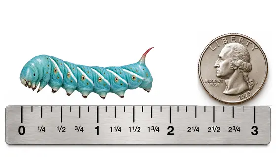 Large 1.5 to 2 inch live hornworm shown with ruler and U.S. quarter for size reference