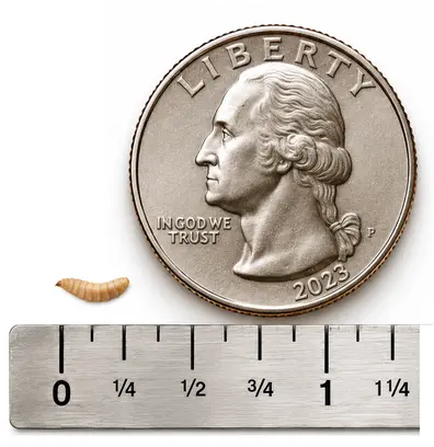 Small 1/4 inch live black soldier fly larva shown with ruler and U.S. quarter for size reference