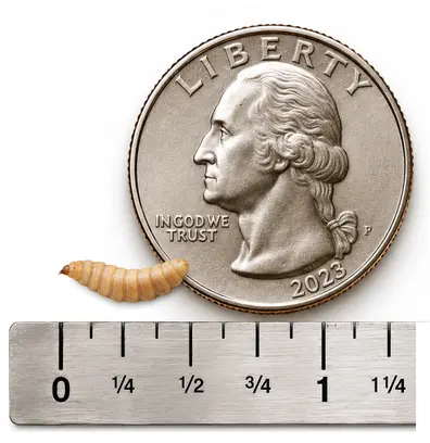 Medium 1/2 inch live black soldier fly larva shown with ruler and U.S. quarter for size reference