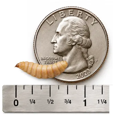Large 3/4 inch live black soldier fly larva shown with ruler and U.S. quarter for size reference