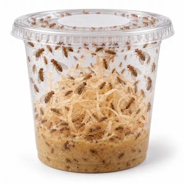 Hydei producing fruit fly culture cup with active larger fruit fly population