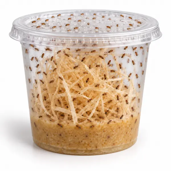 Melanogaster producing fruit fly culture cup with active fruit fly population