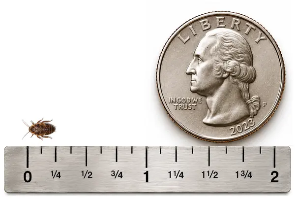 XX Small 1/4 inch Discoid roach shown with ruler and U.S. quarter for size reference