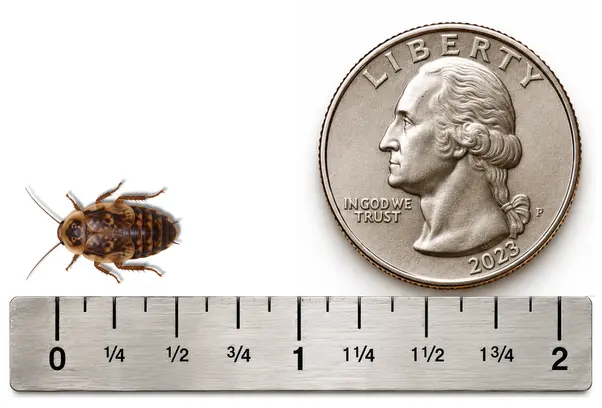 Small 1/2 inch Discoid roach shown with ruler and U.S. quarter for size reference