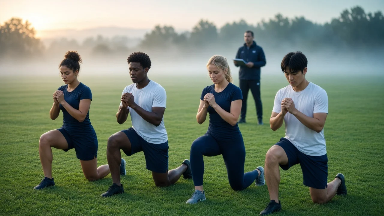 College team athletes warming up together on a training field before practice