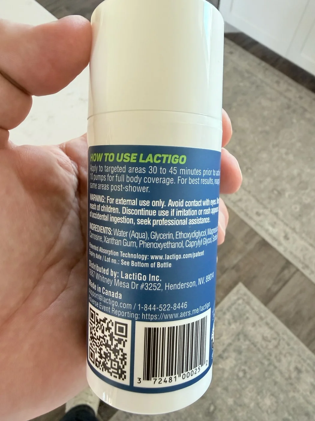 Back label of LactiGo Regular showing how to use, warnings, and the ingredient list including carnosine