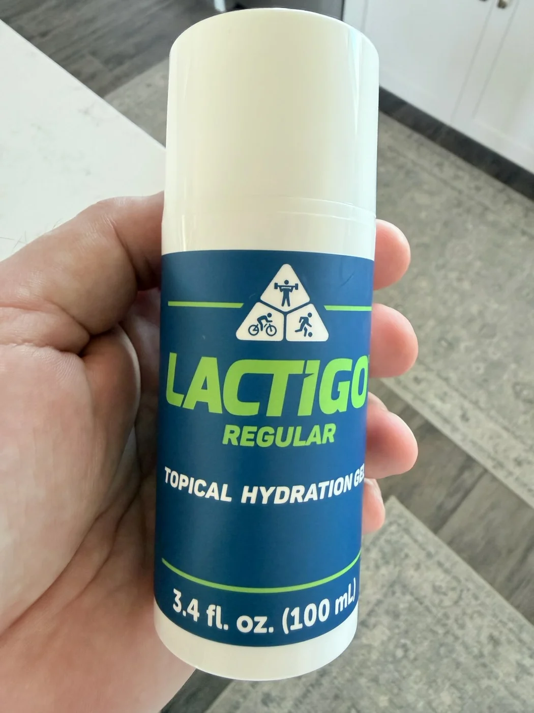 Front of a 100 mL LactiGo Regular carnosine gel bottle held upright