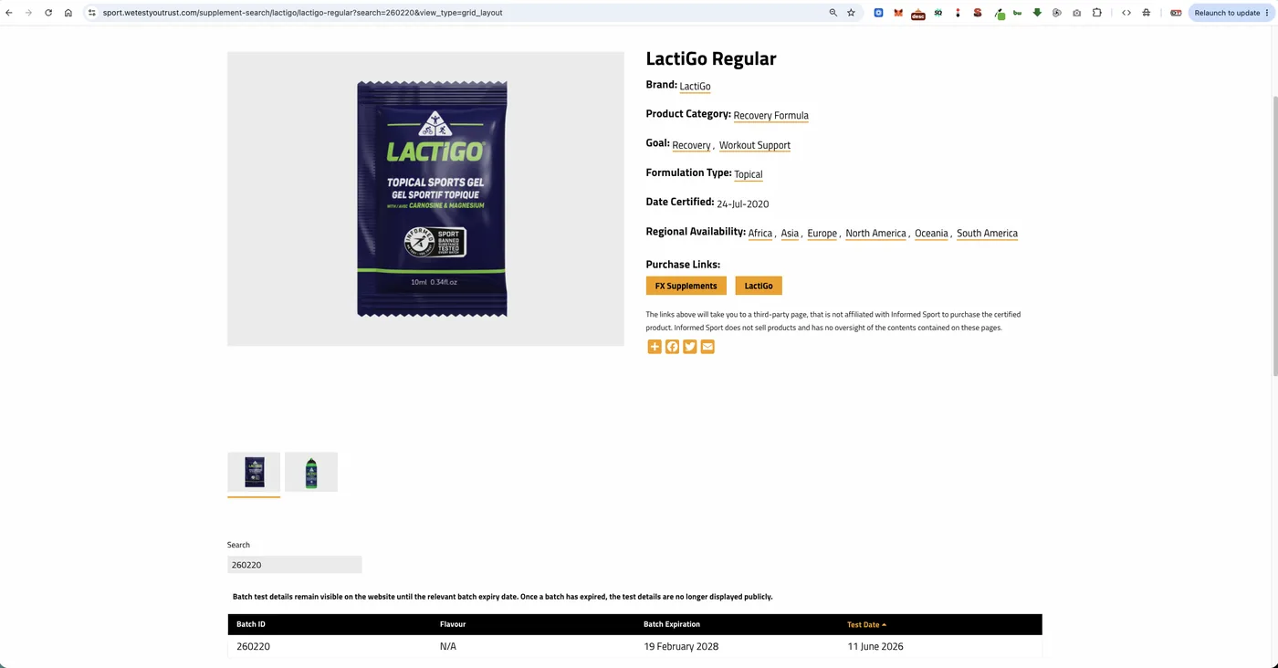 Informed Sport batch search result for LactiGo Regular batch 260220