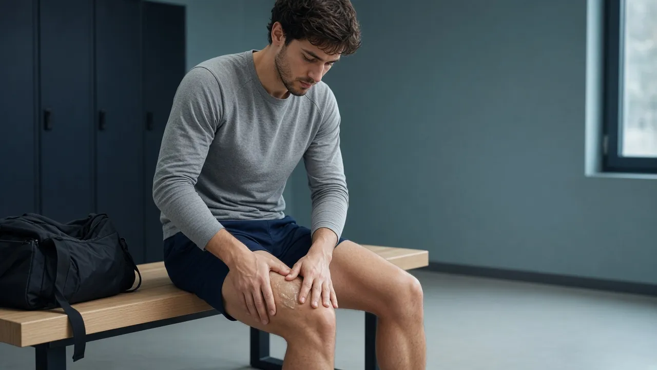 Athlete sitting on a locker-room bench applying a clear gel to the thighs before training