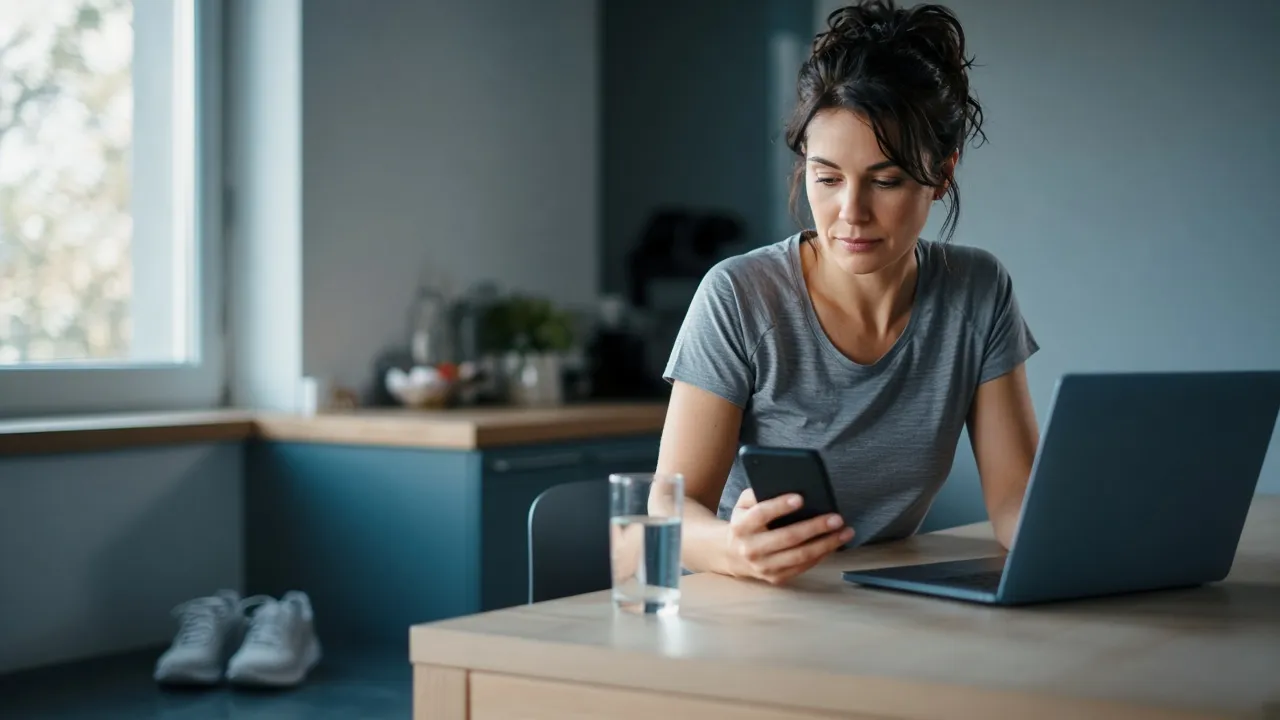 Shopper comparing an online sports gel listing on a phone with the official store on a laptop before buying