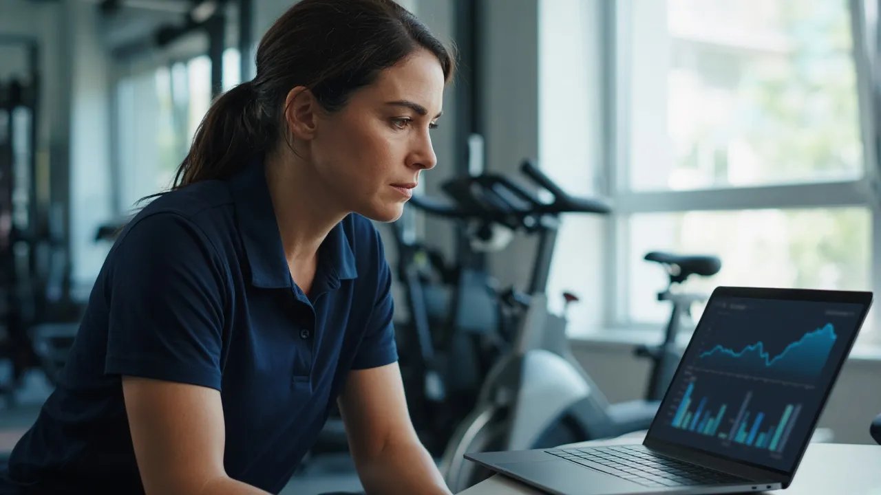 Sports scientist reviewing sprint power data on a laptop beside a stationary bike in a testing lab
