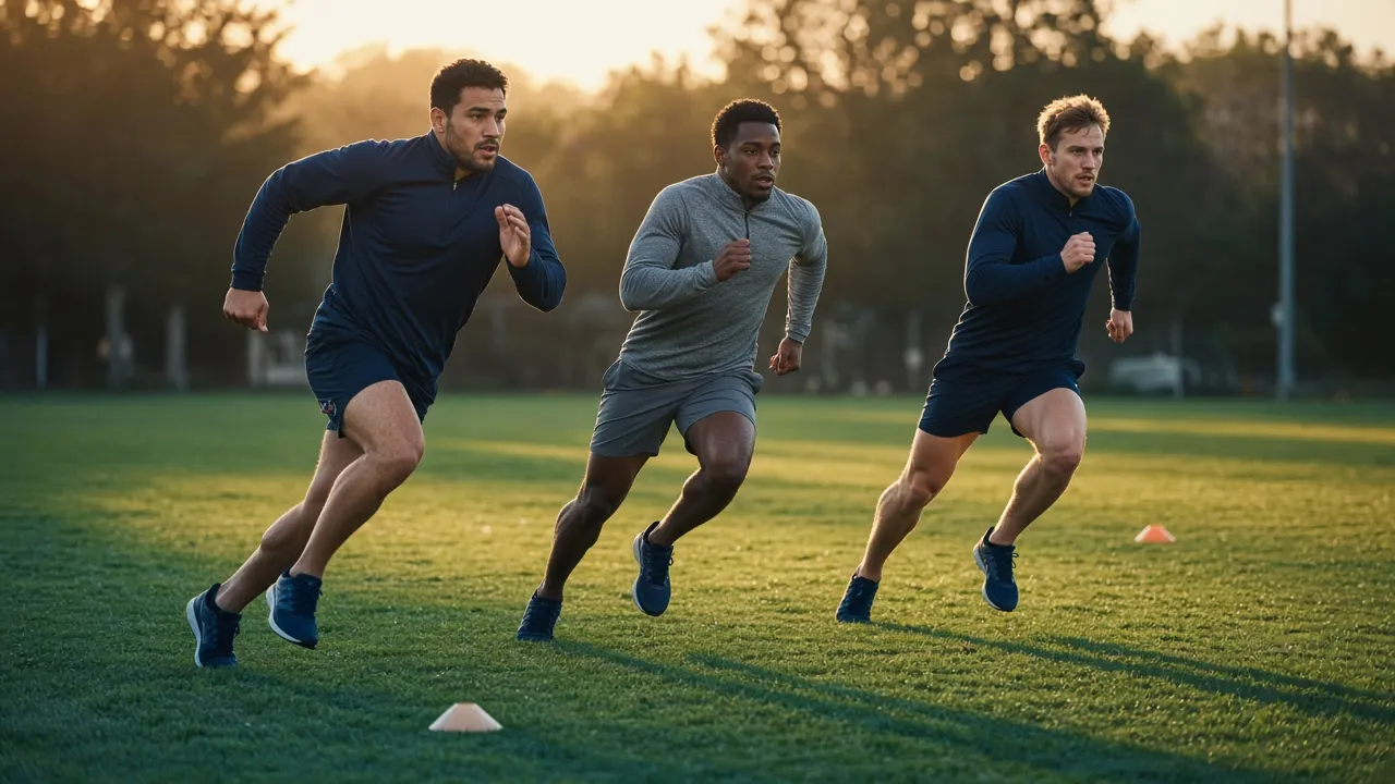 Rugby players in plain training kit running repeated sprints on a grass field