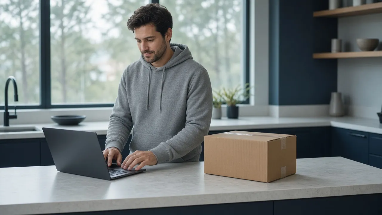 Person at a kitchen counter ordering on a laptop next to an unopened delivery box