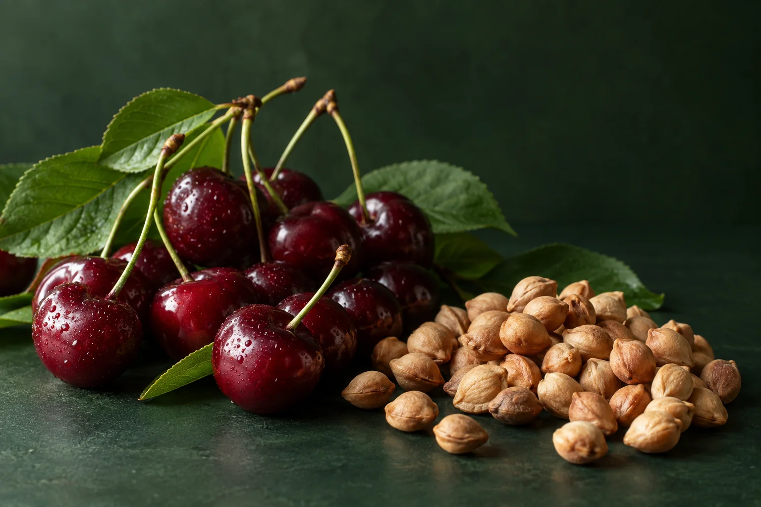 Cherries and dried cherry pits arranged on a dark green surface