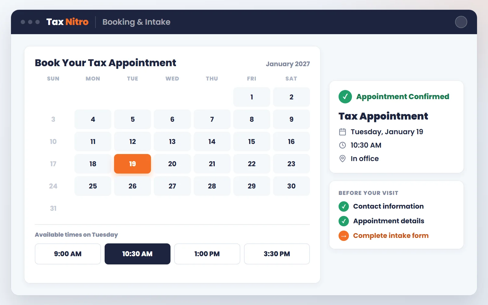 Booking calendar with a selected appointment time, a confirmation, and intake steps