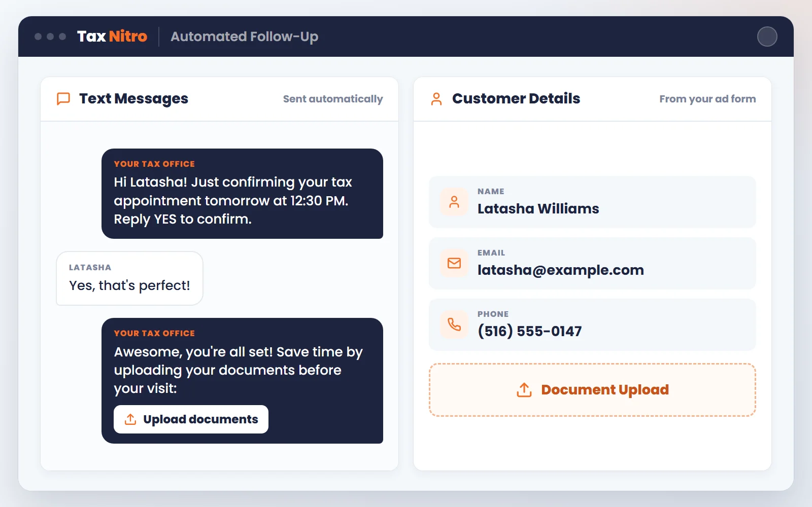 Automated appointment confirmation texts with a document upload link, next to the customer details
