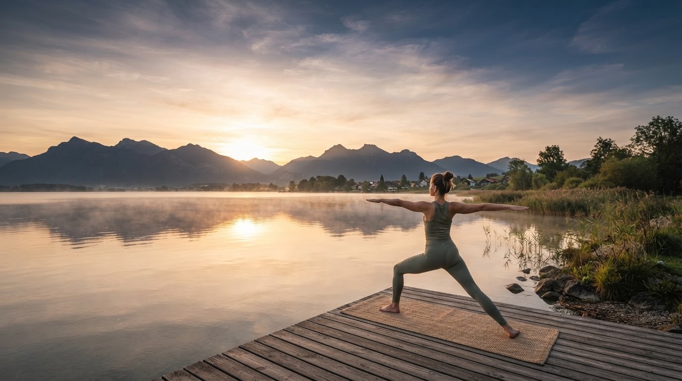 Yoga am Bodensee im Morgenlicht: eine Yogini in Kriegerhaltung auf einem Steg vor Bergen