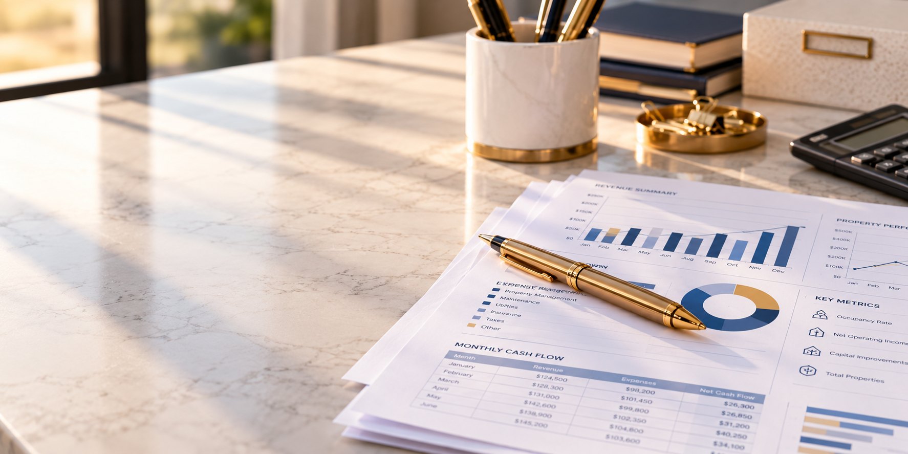 A gold pen resting on printed revenue, expense and cash flow reports on a marble desk