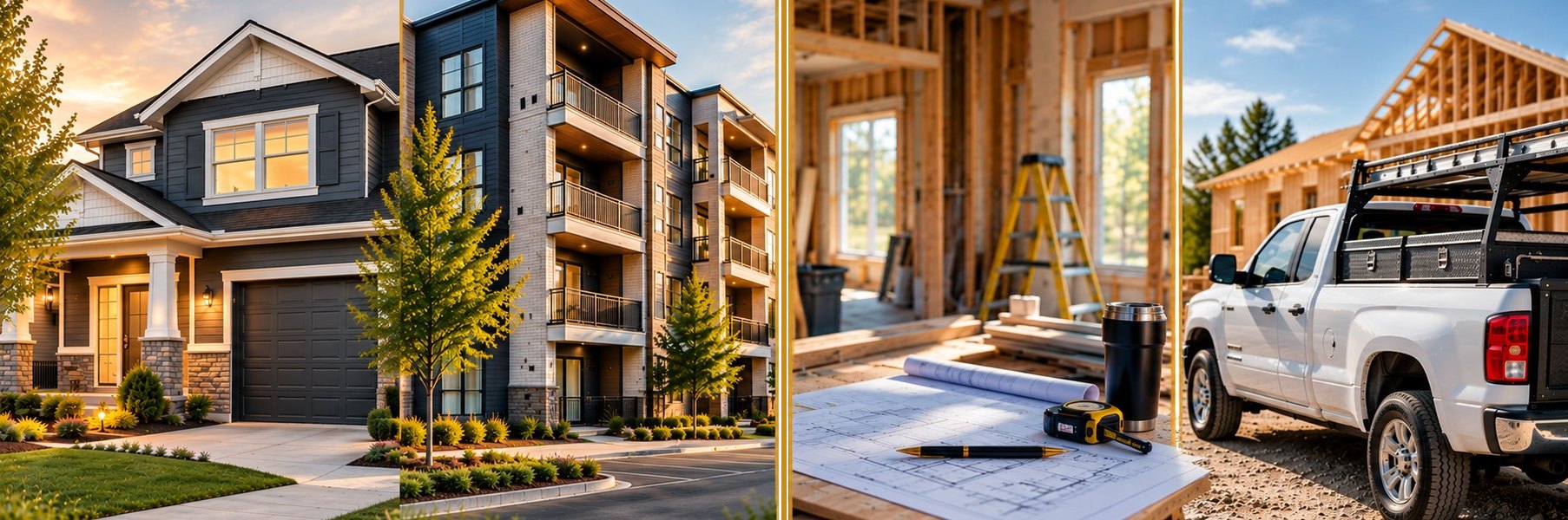 A single-family rental home, an apartment building, a renovation job site with blueprints, and a contractor's work truck